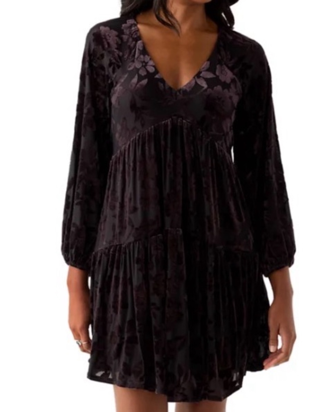 Women's Black Floral Velvet Mini Dress with V-Neck